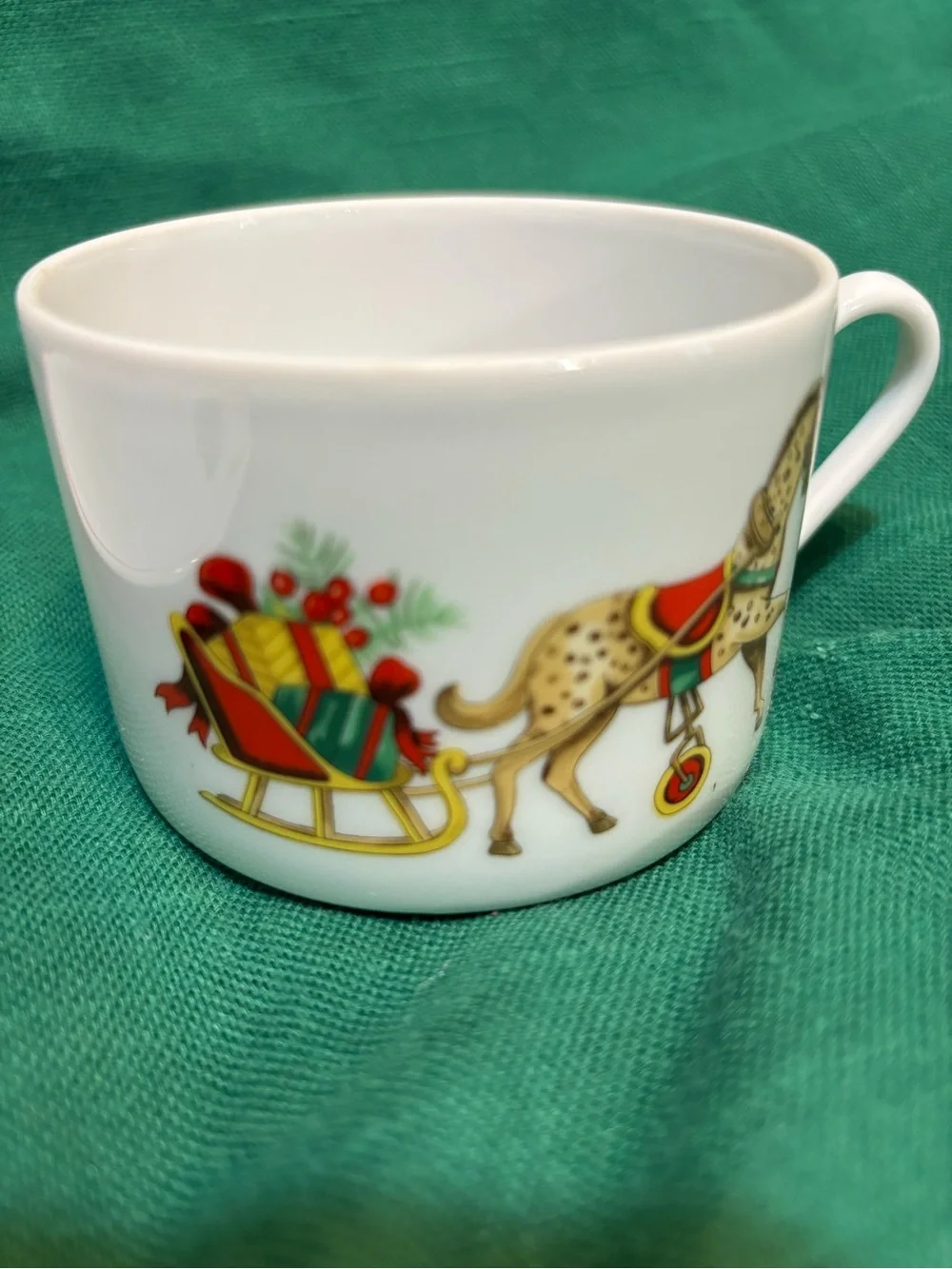 Vista Alegre Cup and Saucer with Holiday Horse Pulling Gifts Motif